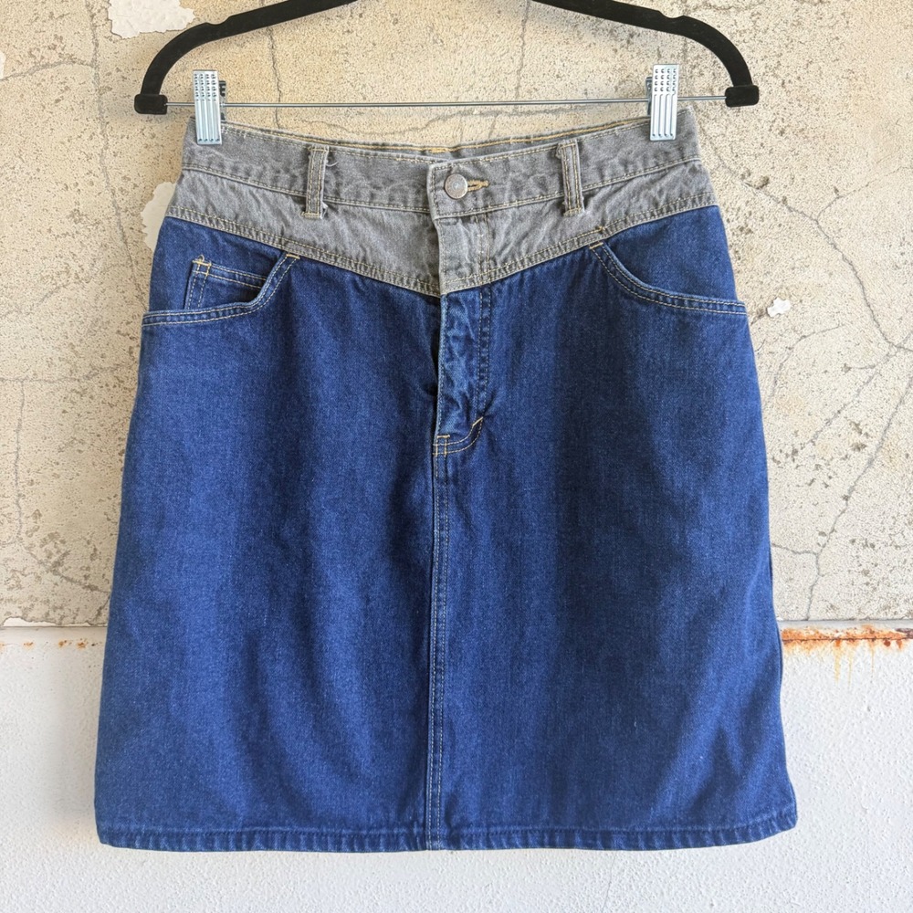 Vintage 90s Denim Mini Skirt Two Tone Western Jean Skirt Cristina's Made in USA